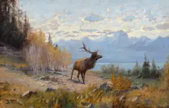 John Fery, Bull Elk in the Teton Range, Wyoming, oil on canvas