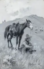 Elling William Gollings, In the Shadow of His Horse, 1917, oil en grisaille on canvas