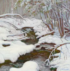 A Creek in Winter by Ernest Martin Hennings, oil on board, sold Jul 2024
