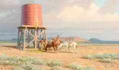 The New Water Hole by Tom Lovell, oil on board, sold Jul 2024
