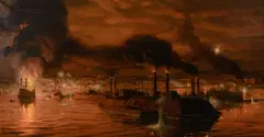 Tom Lovell, Union Fleet Passing Vicksburg, oil on canvas
