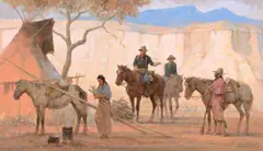 Recruiting the Guide by Kenneth Riley, 1985, oil on board, sold Jul 2024