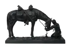 Charles Schreyvogel, The Last Drop, bronze with green patina
