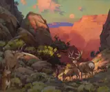 Kenn Backhaus, Last Light in Canyon Passage – Southwest Mule Deer, oil on canvas laid on board