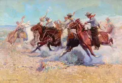 W. Herbert Dunton, A Race for the Chuckwagon, oil on canvas