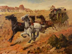 Herbert M. Herget, Attack on the Stagecoach, oil on canvas