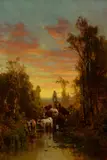 Thomas Hill, Watering the Herd at Sunset, oil on canvas