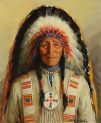 Chief of the Stoney Indians, Morley, Alberta, Canada by Kathryn W. Leighton, oil on canvas laid on board, sold Jul 2023