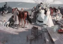 Tom Lovell, Frontier Gathering, oil on canvas