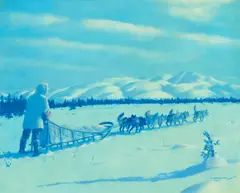 Fred Machetanz, Sledding Through the Arctic Night, 1965, oil on board