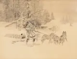 Winter Hunt by Charles Marion Russell, pencil on paper, sold Jul 2023