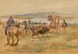 Pablo Buffalo Hunt by Charles Marion Russell, 1909, watercolor on paper, sold Jul 2023