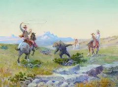 Olaf Carl Seltzer, Cowboys Roping a Bear, oil on paper laid on board