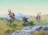 Cowboys Roping a Bear by Olaf Carl Seltzer, oil on paper laid on board, sold Jul 2023