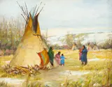 Joseph Henry Sharp, A Morning Call, oil on canvas laid on board