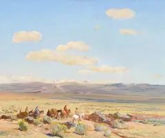 Indians Crossing the Plains by Oscar E. Berninghaus, oil on board, sold Jul 2022