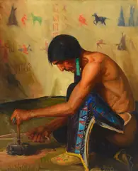 The Firemaker, Two Guns White Calf by Kathryn W. Leighton, oil on canvas, sold Jul 2022