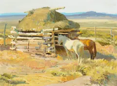 Robert Lougheed, The Log Barn Shelter, oil on board