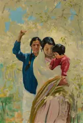 The Pueblo Family, Spring by Bert Geer Phillips, oil on board, sold Jul 2022