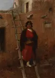 Frank P. Sauerwein, Indian with Bowl on Ladder, oil on canvas