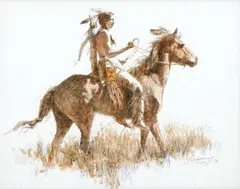 Sioux Scout by Howard Terpning, 1980, mixed media on paper, sold Jul 2022