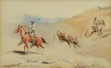 Edward Borein, Cowboys Roping a Steer, watercolor on paper