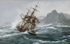 Ship Driving onto the Aucklands by Montague Dawson, oil on canvas, sold Jul 2021