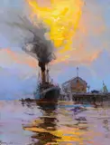 Sydney Laurence, Alaskan Harbor Scene, oil on canvas laid on board