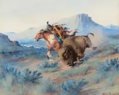 Edgar S. Paxson, Buffalo Hunt, watercolor and gouache on paper