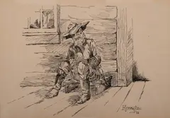 Old Timer by Frederic Remington, 1888, pen and ink on paper, sold Jul 2021