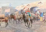 Mexicans Leaving an Inn by Charles Marion Russell, 1906, watercolor on paper, sold Jul 2021