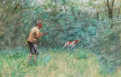 Olaf Carl Seltzer, Hunter with Dog, gouache on paper