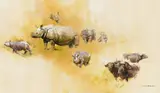 David Shepherd, Asian Rhino and Water Buffalo, 1978, oil on canvas
