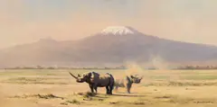 David Shepherd, Amboseli Evening [or] Rhinos with Mt. Kilimanjaro, 1967, oil on canvas