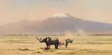 David Shepherd, Amboseli Evening [or] Rhinos with Mt. Kilimanjaro, 1967, oil on canvas