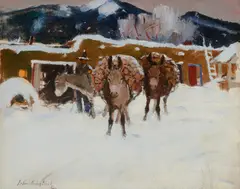 Laverne Nelson Black, Burros in Winter, Taos, oil on board