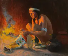 The Tobacco Bag ( circa 1920) by E. Irving Couse, oil on canvas, sold Jul 2020