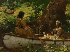 Gilbert Gaul, Two Indians in a Canoe, Forest Interior ( circa 1890), oil on canvas