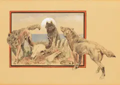 Olaf Carl Seltzer, Wolves with Buffalo Skull, watercolor on paper