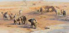David Shepherd, Twenty Five Thirsty Elephants, 1977, oil on canvas