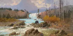 John Fery, Bear at Swiftcurrent Falls, oil on canvas