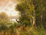 Deer in Forest by John Fery, oil on canvas, sold Jul 2019