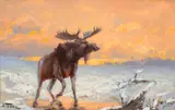 John Fery, Winter Evening – Twilight Moose, oil on canvas