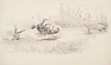 Suddenly Something Happens by Charles Marion Russell, pen & ink on paper, sold Jul 2019