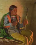 Joseph Henry Sharp, Feathering Arrows, White Weasel, Taos, 1925, oil on canvas
