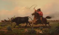 John (James) N. Hess, Wrangling Longhorn Cattle, 1879, oil on canvas