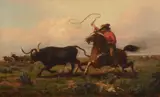 John (James) N. Hess, Wrangling Longhorn Cattle, 1879, oil on canvas