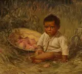 Grace Hudson, Rikis Sitting Under a Peach Tree, 1909, oil on board