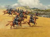 Attack on the Village by Frank McCarthy, 1978, oil on canvas laid on board, sold Jul 2018