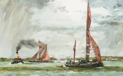 Barges on the Thames by Donald Teague, watercolor on paper, sold Jul 2018